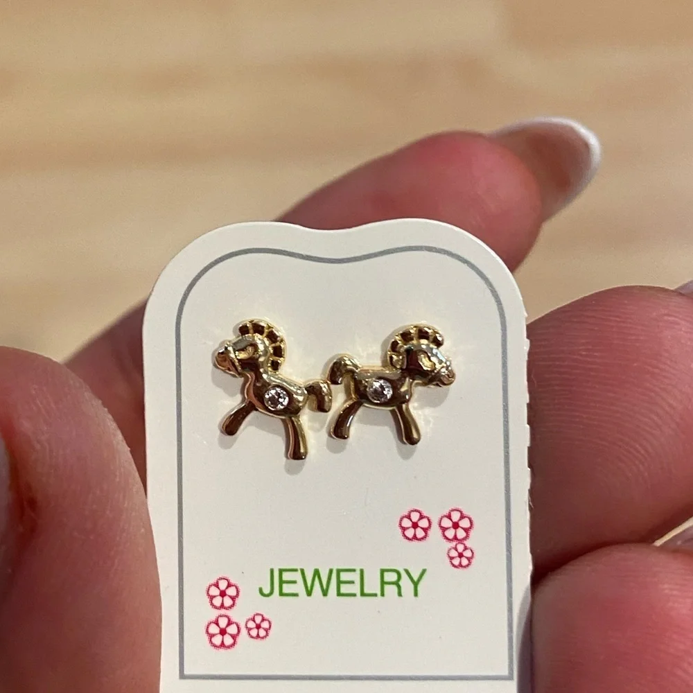 14k Gold Plated Horse CZ Baby Girls Stud Earrings